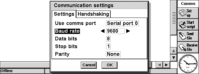 Psion Comms Communication settings